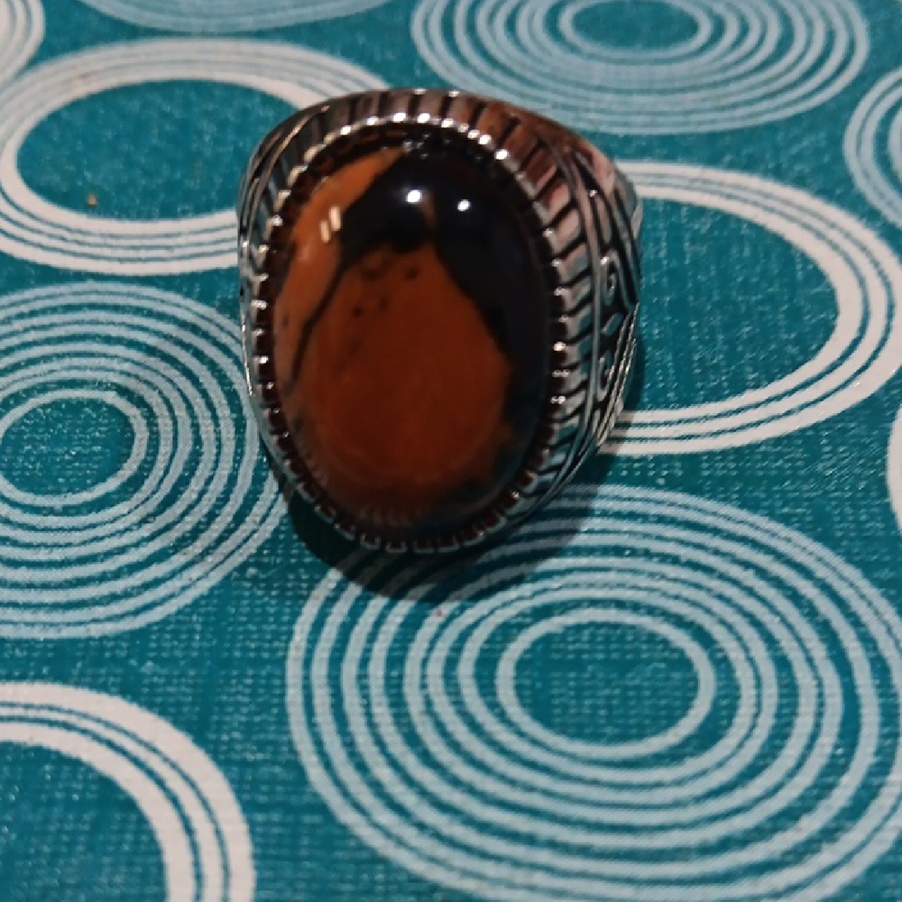 Men's Silver and Brown Stone Ring